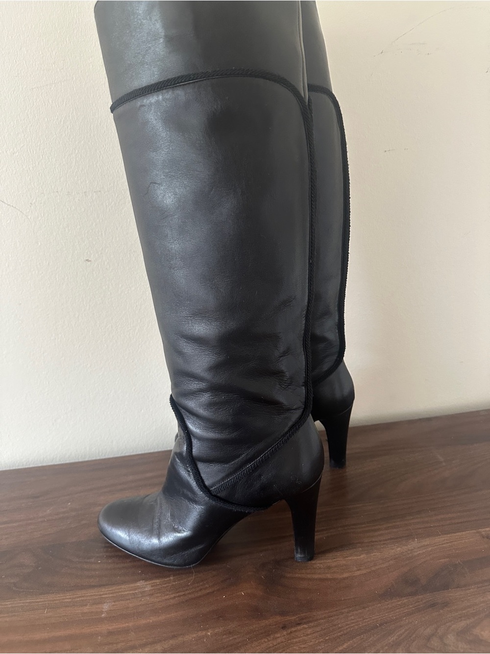 Yves Saint Laurent Black Leather Knee Boots with Stacked Heel
